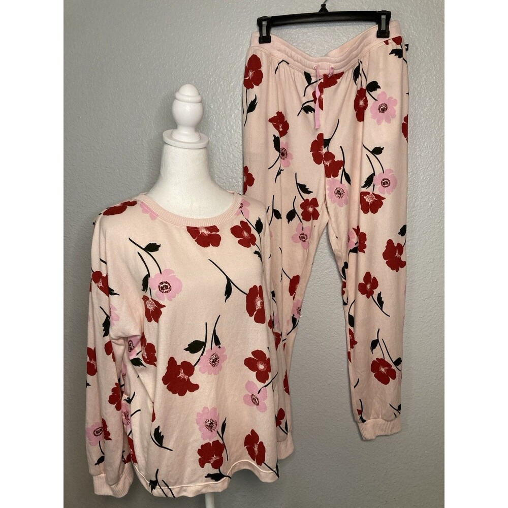 Kate Spade Pajama Pant Set Womens Size XL Pink Floral Roses Soft Cozy Luxury EUC